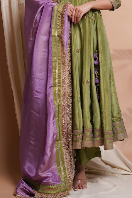 Ahi Clothing_Green Tissue, Silk, Linen Tassels, Floral Butti Angarkha Anarkali Set _Online_at_Aza_Fashions