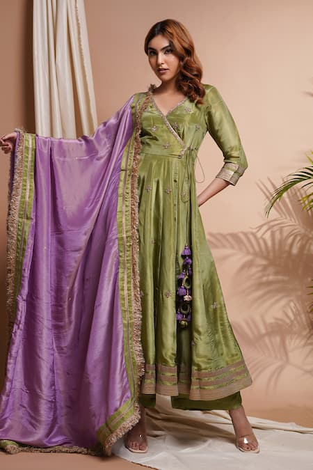 Buy_Ahi Clothing_Green Tissue, Silk, Linen Tassels, Floral Butti Angarkha Anarkali Set _Online_at_Aza_Fashions