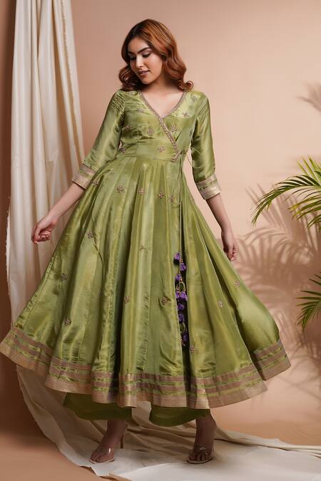 Shop_Ahi Clothing_Green Tissue, Silk, Linen Tassels, Floral Butti Angarkha Anarkali Set _Online_at_Aza_Fashions