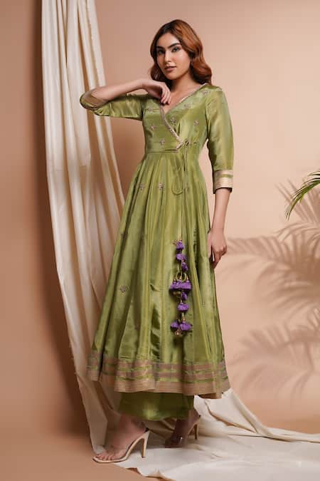 Ahi Clothing_Green Tissue, Silk, Linen Tassels, Floral Butti Angarkha Anarkali Set _at_Aza_Fashions