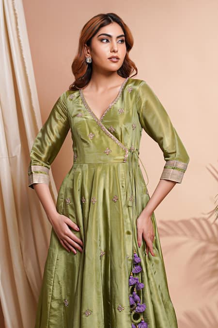 Buy_Ahi Clothing_Green Tissue, Silk, Linen Tassels, Floral Butti Angarkha Anarkali Set 