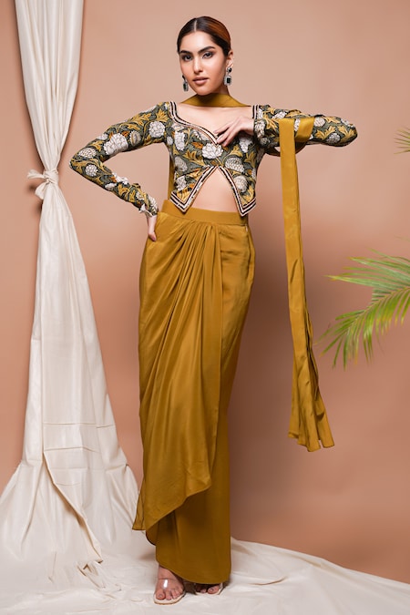Ahi Clothing Yellow Natural Crepe Embroidery Forest Blossom Print Blouse Draped Skirt Set