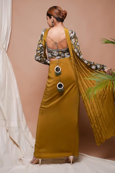 Ahi Clothing Forest Blossom Print Blouse Draped Skirt Set 