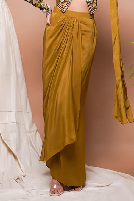 Ahi Clothing Yellow Crepe, Silk Sequins Forest Blossom Print Blouse Draped Skirt Set Online at Aza Fashions Ahi Clothing_Yellow Crepe, Silk Sequins Forest Blossom Print Blouse Draped Skirt Set _Online_at_Aza_Fashions