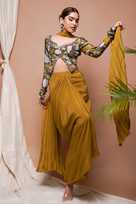 Buy Ahi Clothing Yellow Crepe, Silk Sequins Forest Blossom Print Blouse Draped Skirt Set Online at Aza Fashions Buy_Ahi Clothing_Yellow Crepe, Silk Sequins Forest Blossom Print Blouse Draped Skirt Set _Online_at_Aza_Fashions