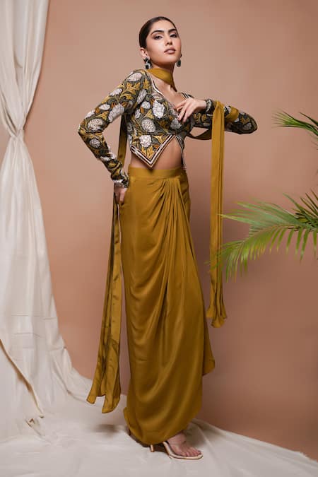Shop Ahi Clothing Yellow Crepe, Silk Sequins Forest Blossom Print Blouse Draped Skirt Set Online at Aza Fashions Shop_Ahi Clothing_Yellow Crepe, Silk Sequins Forest Blossom Print Blouse Draped Skirt Set _Online_at_Aza_Fashions