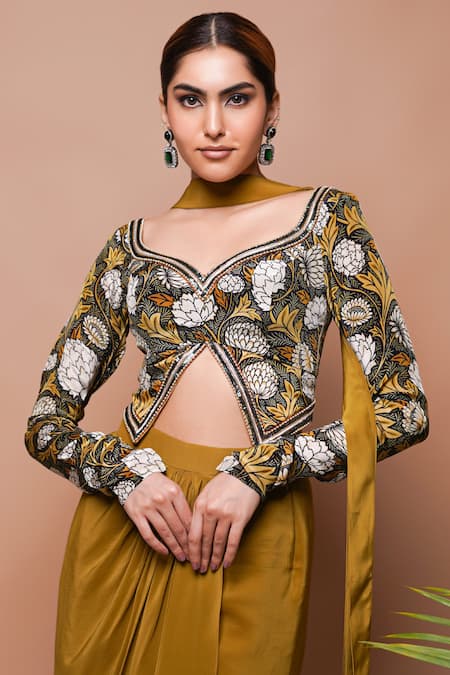Ahi Clothing Yellow Crepe, Silk Sequins Forest Blossom Print Blouse Draped Skirt Set at Aza Fashions Ahi Clothing_Yellow Crepe, Silk Sequins Forest Blossom Print Blouse Draped Skirt Set _at_Aza_Fashions