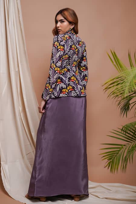 Shop Ahi Clothing Purple Crepe Embroidery Asymmetric Foliage Blossom Print Coat With Draped Skirt at Aza Fashions Shop_Ahi Clothing_Purple Crepe Embroidery Asymmetric Foliage Blossom Print Coat With Draped Skirt _at_Aza_Fashions