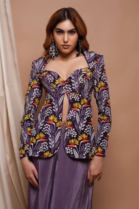 Ahi Clothing Purple Crepe Embroidery Asymmetric Foliage Blossom Print Coat With Draped Skirt Online at Aza Fashions Ahi Clothing_Purple Crepe Embroidery Asymmetric Foliage Blossom Print Coat With Draped Skirt _Online_at_Aza_Fashions