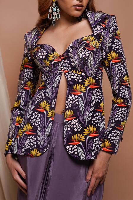 Buy Ahi Clothing Purple Crepe Embroidery Asymmetric Foliage Blossom Print Coat With Draped Skirt Online at Aza Fashions Buy_Ahi Clothing_Purple Crepe Embroidery Asymmetric Foliage Blossom Print Coat With Draped Skirt _Online_at_Aza_Fashions