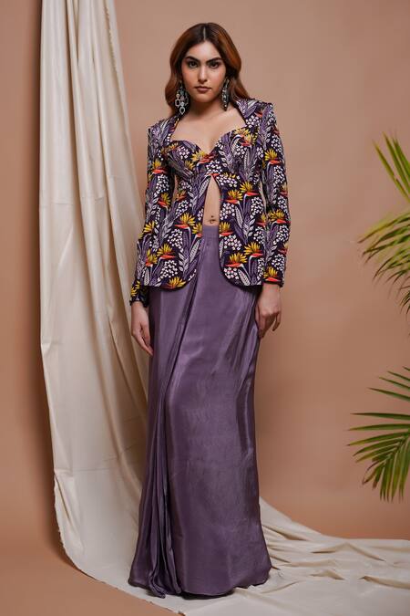 Shop Ahi Clothing Purple Crepe Embroidery Asymmetric Foliage Blossom Print Coat With Draped Skirt Online at Aza Fashions Shop_Ahi Clothing_Purple Crepe Embroidery Asymmetric Foliage Blossom Print Coat With Draped Skirt _Online_at_Aza_Fashions