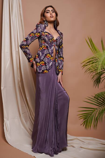 Buy Ahi Clothing Purple Crepe Embroidery Asymmetric Foliage Blossom Print Coat With Draped Skirt Buy_Ahi Clothing_Purple Crepe Embroidery Asymmetric Foliage Blossom Print Coat With Draped Skirt
