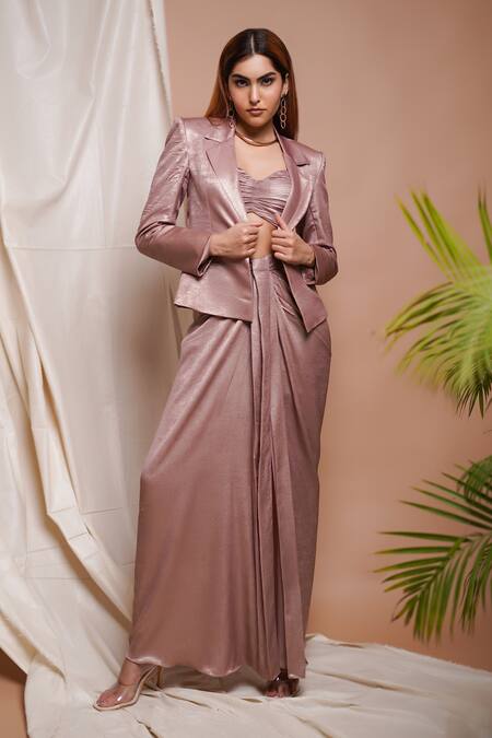 Ahi Clothing Pink Lycra Collared, Sweetheart Neck Solid Shimmer Coat Draped Slit Skirt Set Online at Aza Fashions Ahi Clothing_Pink Lycra Collared, Sweetheart Neck Solid Shimmer Coat Draped Slit Skirt Set _Online_at_Aza_Fashions