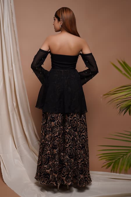 Shop Ahi Clothing Black Organza, Silk, Tassel Embellished Peplum Tunic With Rose Print Palazzo at Aza Fashions Shop_Ahi Clothing_Black Organza, Silk, Tassel Embellished Peplum Tunic With Rose Print Palazzo _at_Aza_Fashions