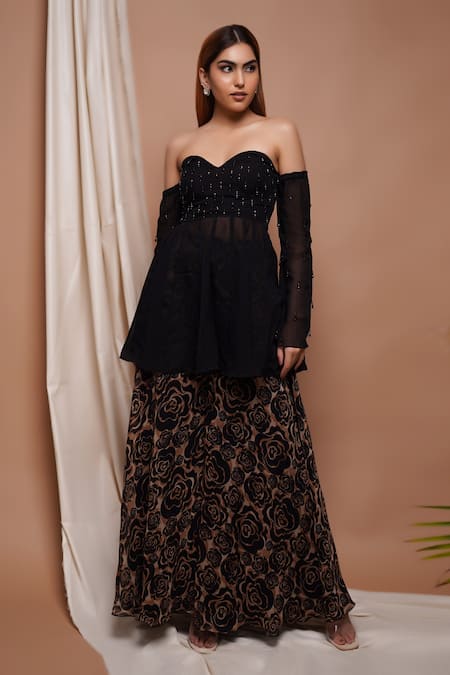 Buy Ahi Clothing Black Organza, Silk, Tassel Embellished Peplum Tunic With Rose Print Palazzo Online at Aza Fashions Buy_Ahi Clothing_Black Organza, Silk, Tassel Embellished Peplum Tunic With Rose Print Palazzo _Online_at_Aza_Fashions