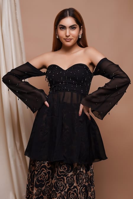 Shop Ahi Clothing Black Organza, Silk, Tassel Embellished Peplum Tunic With Rose Print Palazzo Online at Aza Fashions Shop_Ahi Clothing_Black Organza, Silk, Tassel Embellished Peplum Tunic With Rose Print Palazzo _Online_at_Aza_Fashions