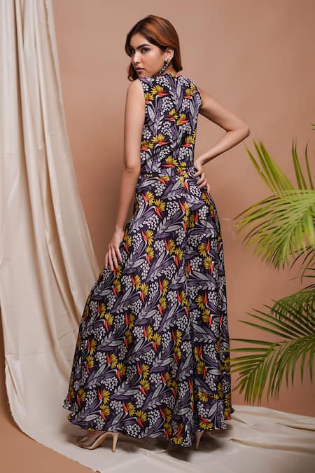 Shop Ahi Clothing Black Organza Beads V-neck Foliage Blossom Print Embellished Vest With Palazzo at Aza Fashions Shop_Ahi Clothing_Black Organza Beads V-neck Foliage Blossom Print Embellished Vest With Palazzo _at_Aza_Fashions