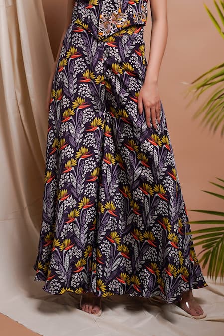 Ahi Clothing Black Organza Beads V-neck Foliage Blossom Print Embellished Vest With Palazzo Online at Aza Fashions Ahi Clothing_Black Organza Beads V-neck Foliage Blossom Print Embellished Vest With Palazzo _Online_at_Aza_Fashions