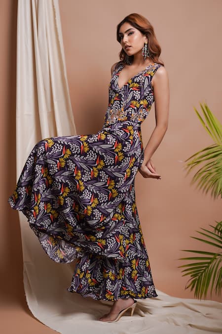 Shop Ahi Clothing Black Organza Beads V-neck Foliage Blossom Print Embellished Vest With Palazzo Online at Aza Fashions Shop_Ahi Clothing_Black Organza Beads V-neck Foliage Blossom Print Embellished Vest With Palazzo _Online_at_Aza_Fashions