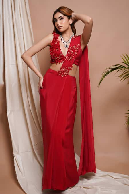 Ahi Clothing Red Heavy Crepe Embroidery Moti 3d Rafflesia Bloom Pre-draped Saree With Blouse