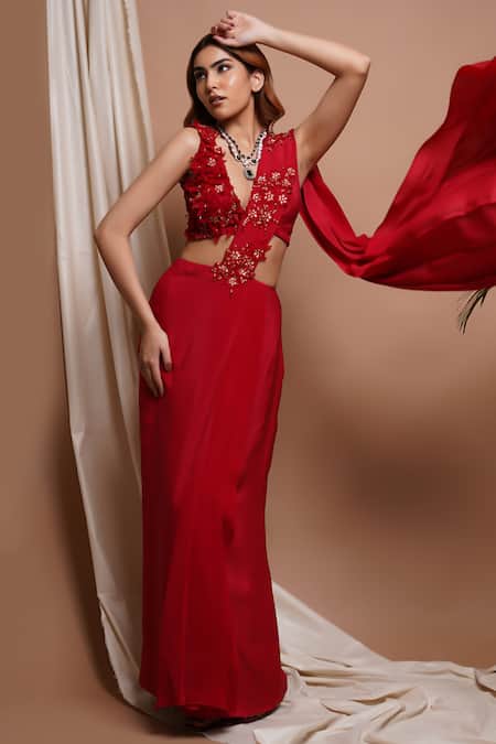 Ahi Clothing_Red Crepe, Linen Crystals, 3d Rafflesia Bloom Pre-draped Saree With Blouse _Online_at_Aza_Fashions