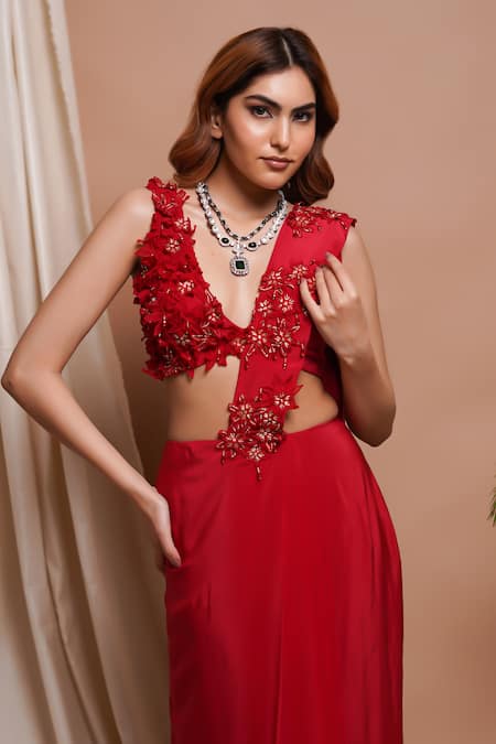 Shop_Ahi Clothing_Red Crepe, Linen Crystals, 3d Rafflesia Bloom Pre-draped Saree With Blouse _Online_at_Aza_Fashions