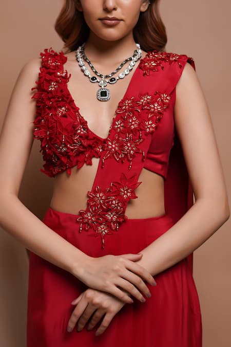 Ahi Clothing_Red Crepe, Linen Crystals, 3d Rafflesia Bloom Pre-draped Saree With Blouse _at_Aza_Fashions