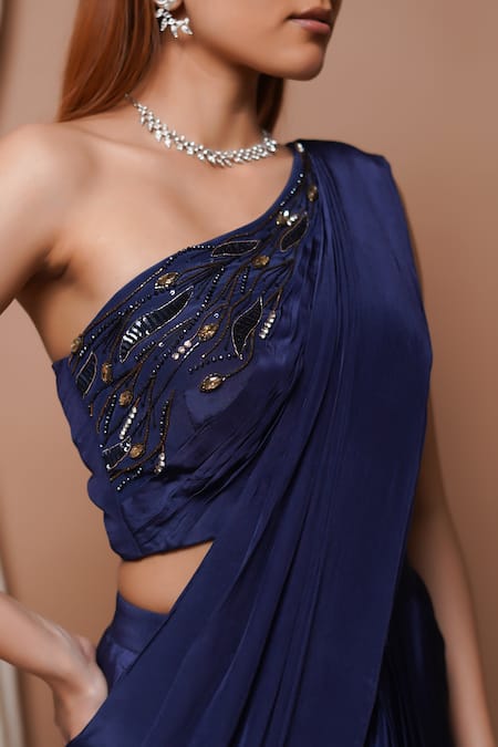 Ahi Clothing_Blue Chiffon, Crepe, Cotton Zari, Embroidery Solid Pre-draped Saree With Blouse _Online_at_Aza_Fashions