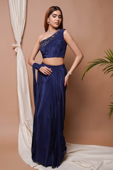 Buy_Ahi Clothing_Blue Chiffon, Crepe, Cotton Zari, Embroidery Solid Pre-draped Saree With Blouse _Online_at_Aza_Fashions