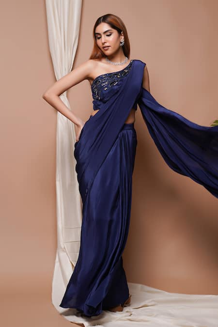 Shop_Ahi Clothing_Blue Chiffon, Crepe, Cotton Zari, Embroidery Solid Pre-draped Saree With Blouse _Online_at_Aza_Fashions