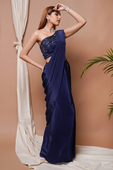 Ahi Clothing_Blue Chiffon, Crepe, Cotton Zari, Embroidery Solid Pre-draped Saree With Blouse _at_Aza_Fashions