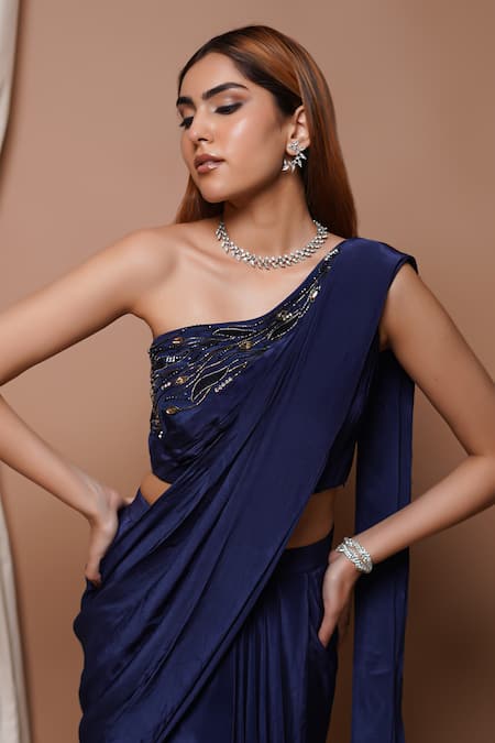 Buy_Ahi Clothing_Blue Chiffon, Crepe, Cotton Zari, Embroidery Solid Pre-draped Saree With Blouse 