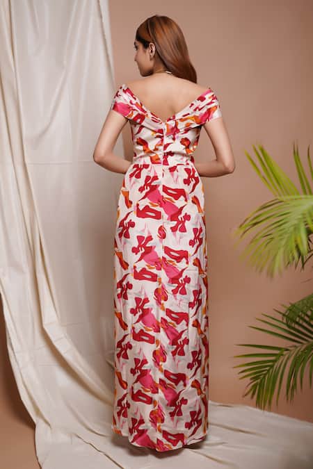Ahi Clothing Ambrosia Print Off Shoulder Corset Draped Dress 