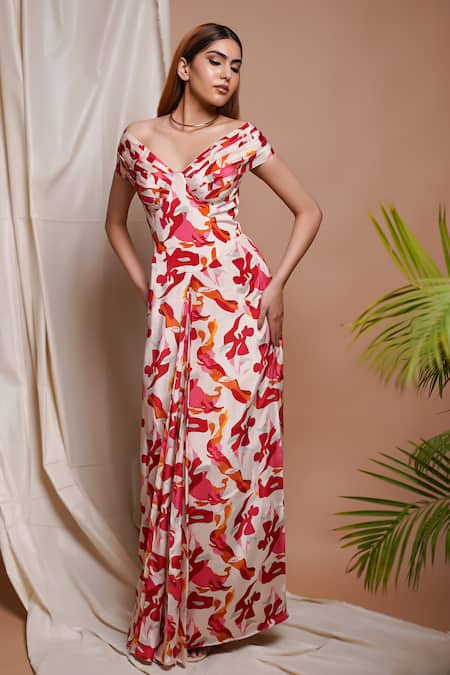 Ahi Clothing Cream Crepe, Linen Off-shoulder Ambrosia Print Off Corset Draped Dress Online at Aza Fashions Ahi Clothing_Cream Crepe, Linen Off-shoulder Ambrosia Print Off Corset Draped Dress _Online_at_Aza_Fashions