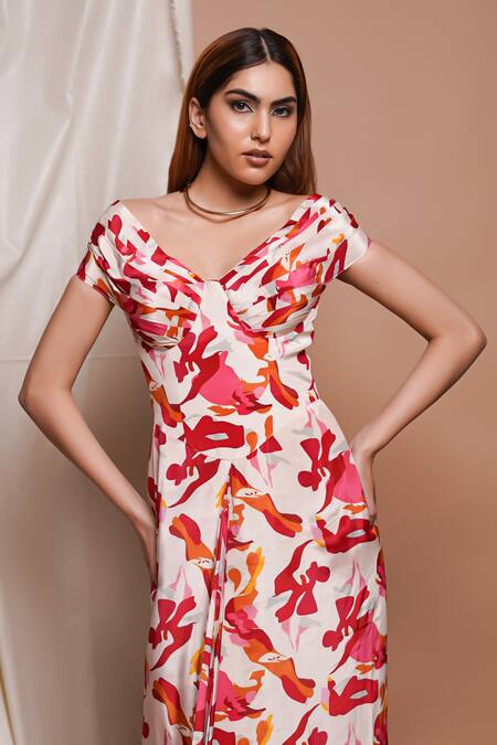 Shop Ahi Clothing Cream Crepe, Linen Off-shoulder Ambrosia Print Off Corset Draped Dress Online at Aza Fashions Shop_Ahi Clothing_Cream Crepe, Linen Off-shoulder Ambrosia Print Off Corset Draped Dress _Online_at_Aza_Fashions