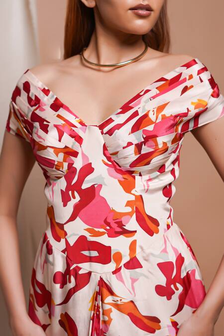 Ahi Clothing Cream Crepe, Linen Off-shoulder Ambrosia Print Off Corset Draped Dress at Aza Fashions Ahi Clothing_Cream Crepe, Linen Off-shoulder Ambrosia Print Off Corset Draped Dress _at_Aza_Fashions