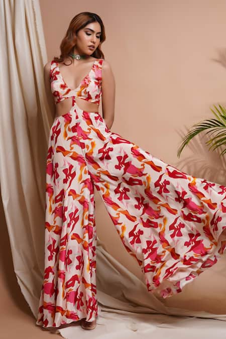 Ahi Clothing Cream Hemp, Cotton V-neck Ambrosia Print Side Cut Out Jumpsuit Online at Aza Fashions Ahi Clothing_Cream Hemp, Cotton V-neck Ambrosia Print Side Cut Out Jumpsuit _Online_at_Aza_Fashions