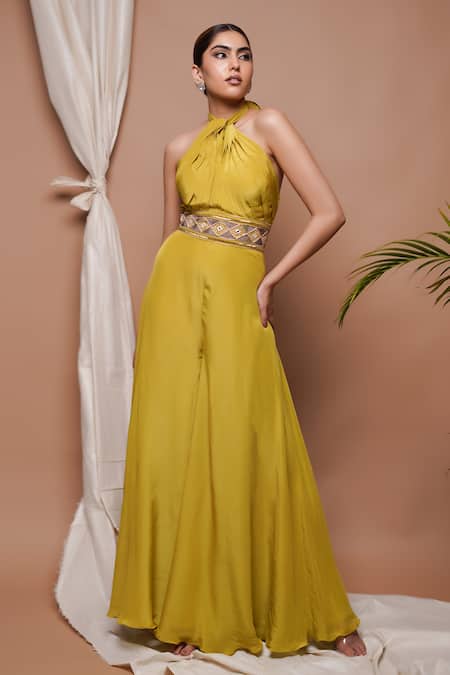 Ahi Clothing Green Crepe Embroidery Halter Neck Pleated Draped Jumpsuit Online at Aza Fashions Ahi Clothing_Green Crepe Embroidery Halter Neck Pleated Draped Jumpsuit _Online_at_Aza_Fashions
