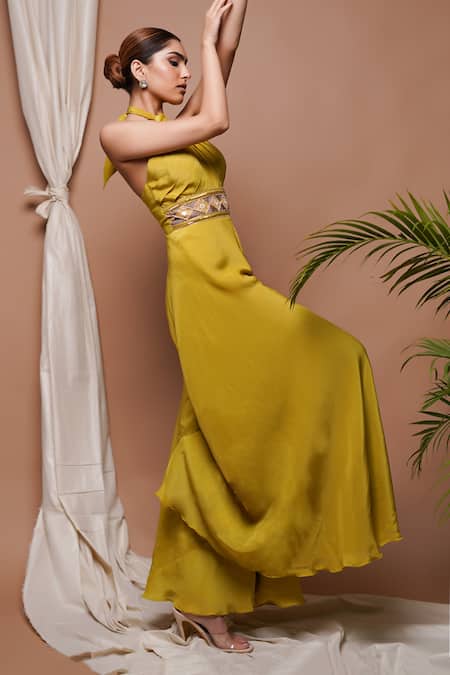 Shop Ahi Clothing Green Crepe Embroidery Halter Neck Pleated Draped Jumpsuit Online at Aza Fashions Shop_Ahi Clothing_Green Crepe Embroidery Halter Neck Pleated Draped Jumpsuit _Online_at_Aza_Fashions