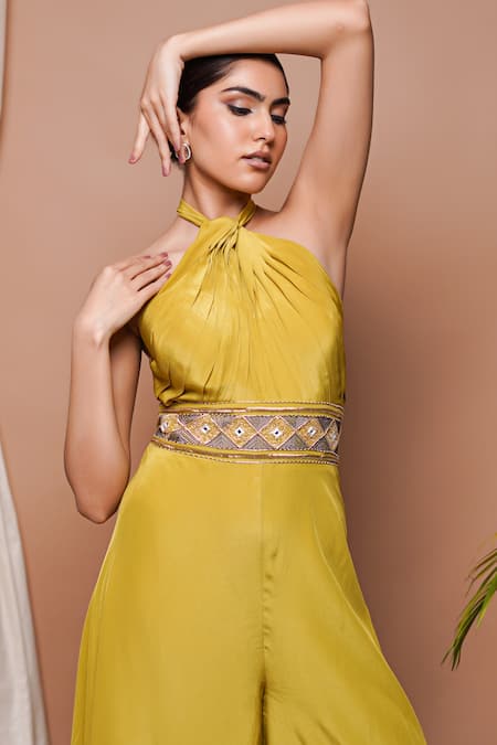 Ahi Clothing Green Crepe Embroidery Halter Neck Pleated Draped Jumpsuit at Aza Fashions Ahi Clothing_Green Crepe Embroidery Halter Neck Pleated Draped Jumpsuit _at_Aza_Fashions