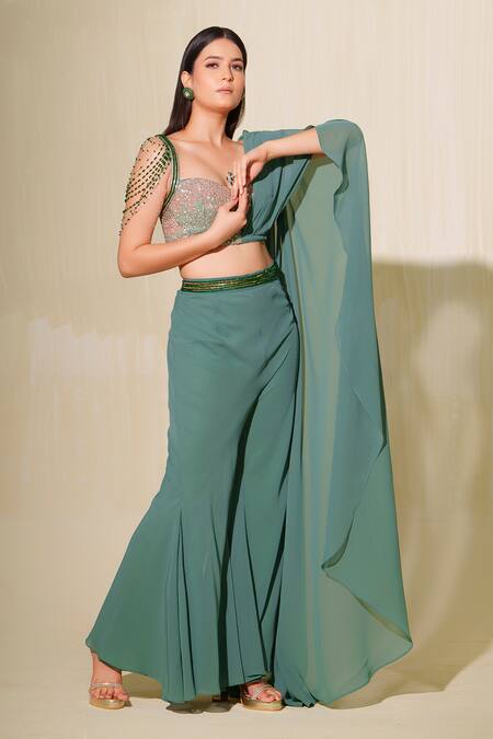 Buy_Tamaraa By Tahani_Green Georgette Hand Embroidered Sequin Mallika Corset With Flared Pant _Online_at_Aza_Fashions