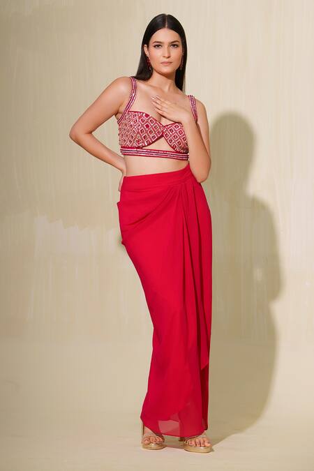 Shop_Tamaraa By Tahani_Pink Tulle, Georgette Sequins, Gulmohar Embroidered Jacket And Dhoti Skirt Set _Online_at_Aza_Fashions