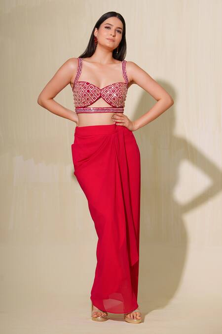 Tamaraa By Tahani_Pink Tulle, Georgette Sequins, Gulmohar Embroidered Jacket And Dhoti Skirt Set _at_Aza_Fashions