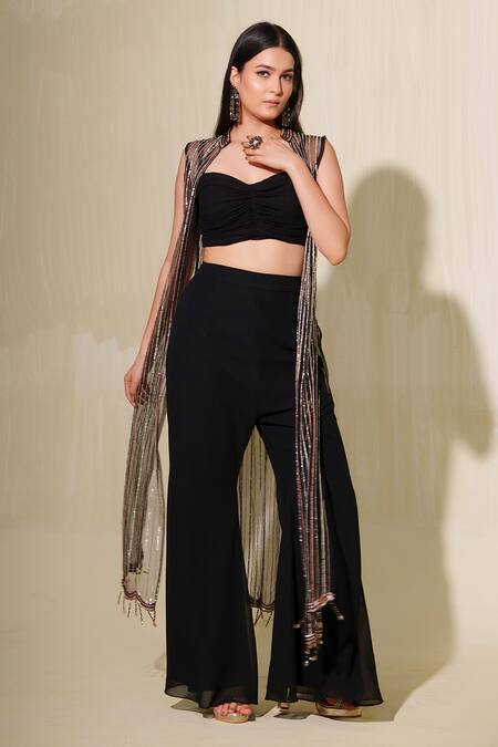Tamaraa By Tahani_Black Georgette Hand Embroidered Sequin Blouse Zuri Jacket And Flared Pant Set _Online_at_Aza_Fashions