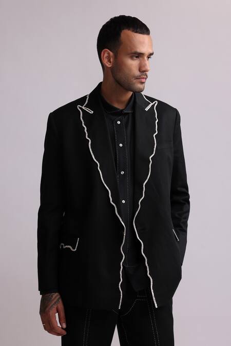 Countrymade_Black Linen Crochet Edged Blazer _Online_at_Aza_Fashions