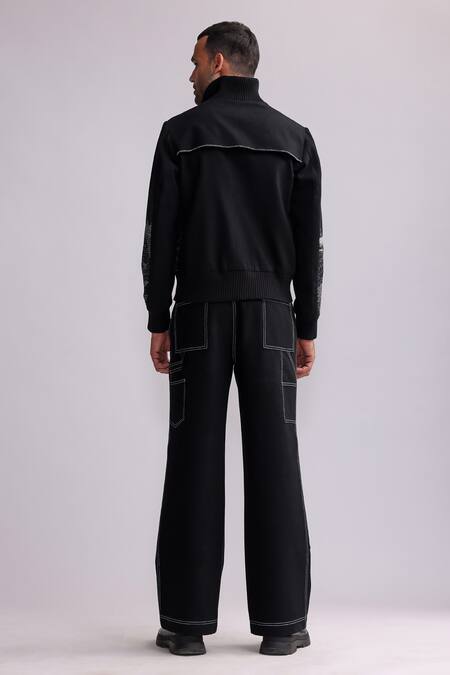 Shop_Countrymade_Black Linen Embroidery Topography Bomber Jacket _at_Aza_Fashions