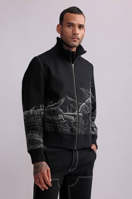 Countrymade_Black Linen Embroidery Topography Bomber Jacket _Online_at_Aza_Fashions