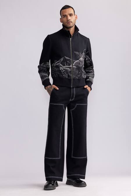 Buy_Countrymade_Black Linen Embroidery Topography Bomber Jacket _Online_at_Aza_Fashions