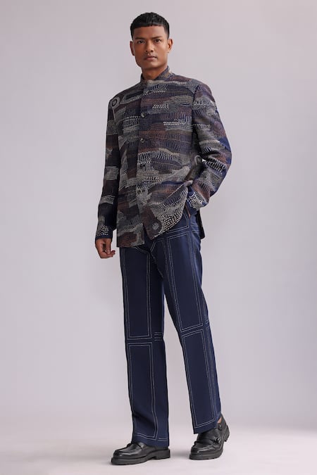 Countrymade Blue Linen Embroidered Thread Warli Jacket 