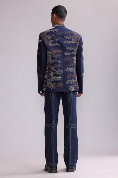 Shop_Countrymade_Blue Linen Embroidered Thread Warli Jacket _at_Aza_Fashions